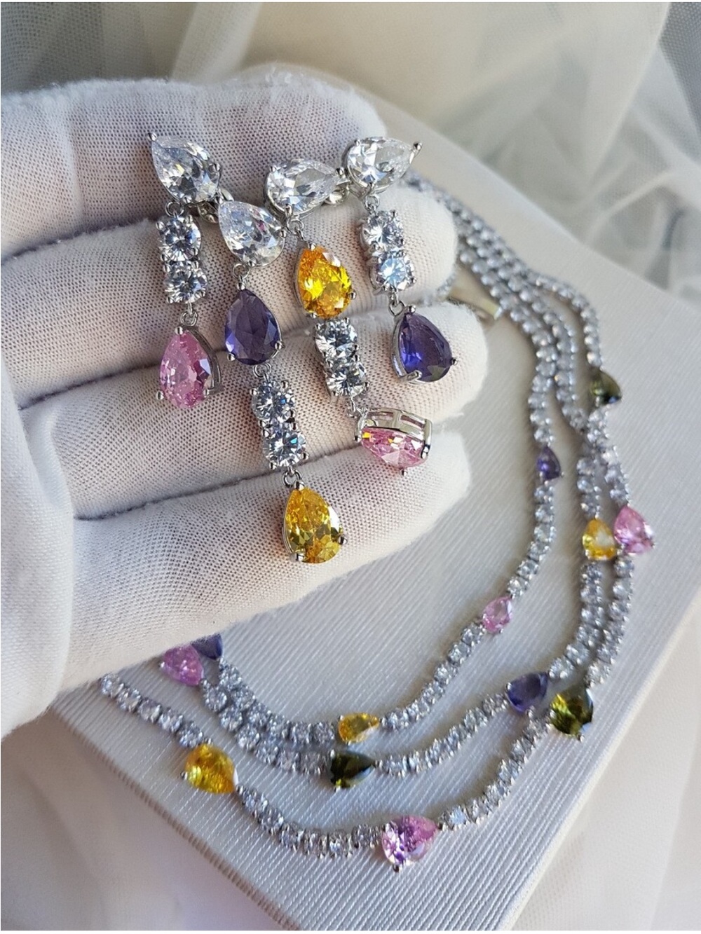 Swarovski Elements Teardrop Pink Purple & Yellow Gem Layered Necklace NEW - Picture 4 of 17